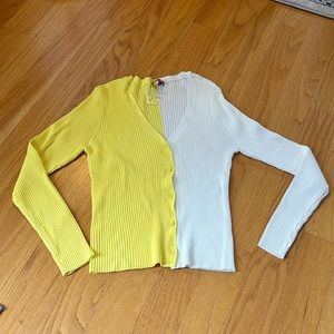 Staud v-neck cargo color block cardigan size medium NWOT yellow/white
